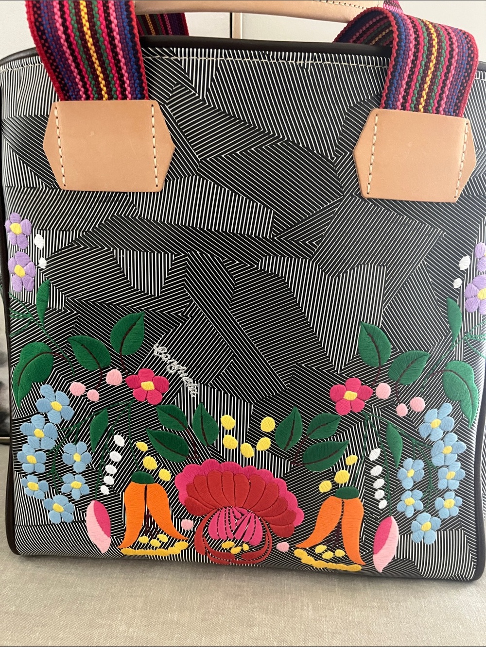 NEW! Consuela Diane Tote with Multicolor Floral Embroidery and Striped Handles